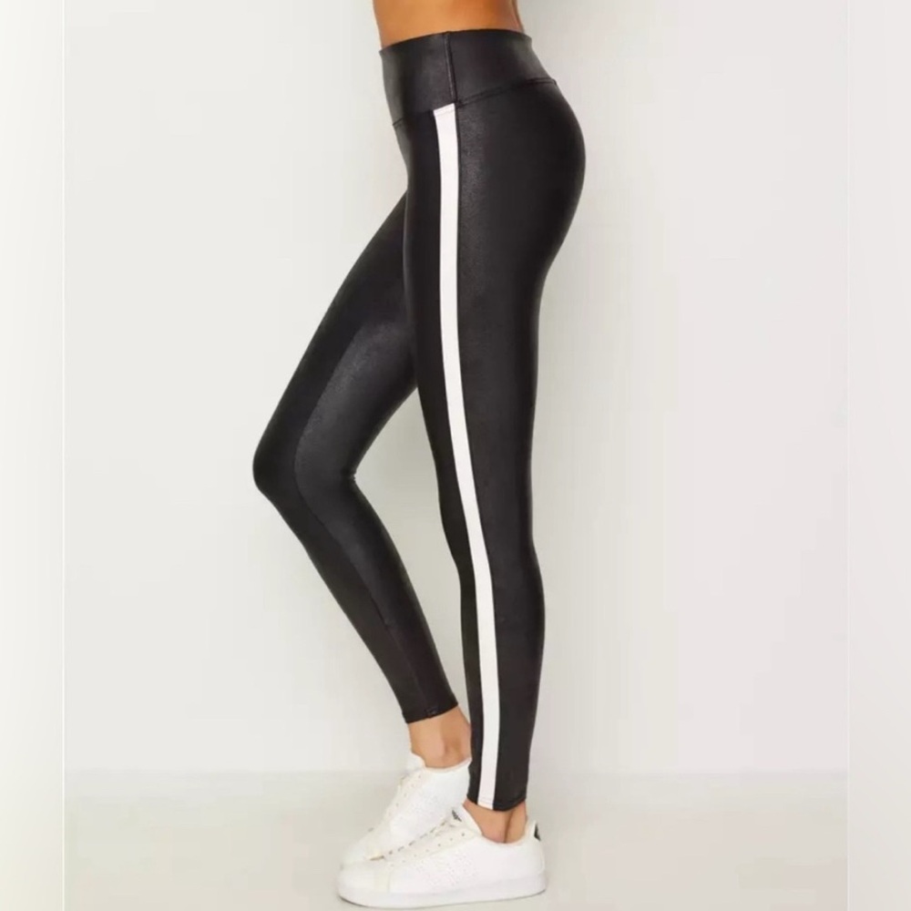 Spanx Faux Leather Leggings Track Stripe Size Small Black High Rise